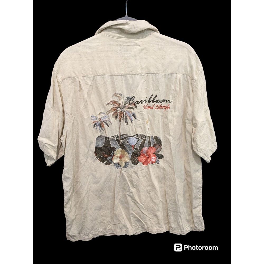Caribbean Shirt Mens Large Tropical Embroidery Print Short Sleeves Button Up